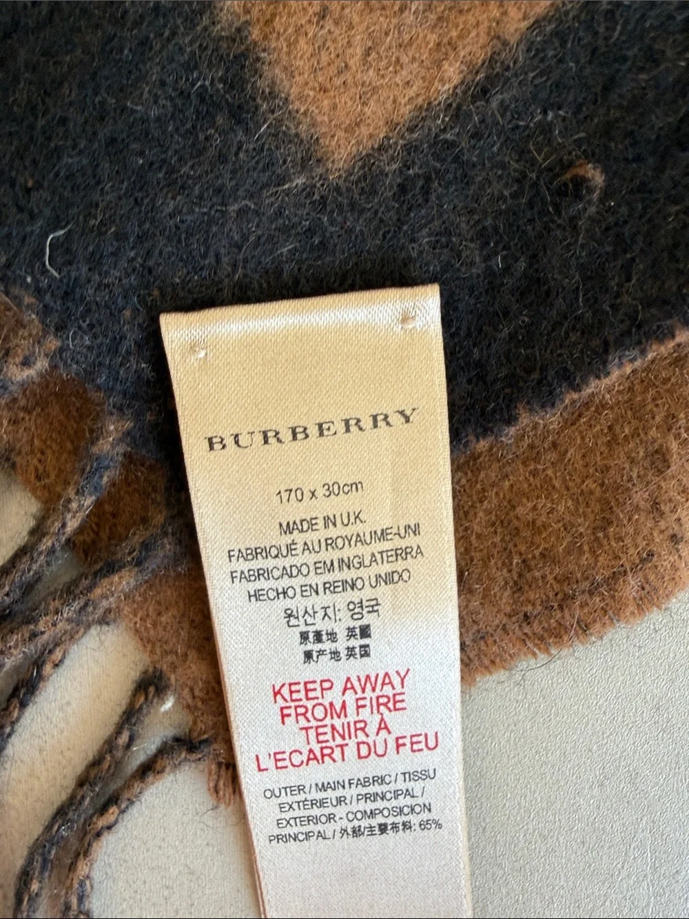 Burberry Logo 100% Cashmere Scarf Camel Black Fringe